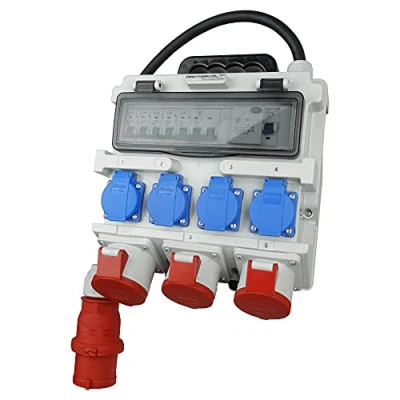 Afbeelding van Stroomverdeler FI veiligheidsschakelaar bouwstroomverdeler wandverdeler verdeler met kabel veiligheidsklapdeksels TR S/FI 4x230V 3x400V 1x32A/2x16A doktersspanning 7266