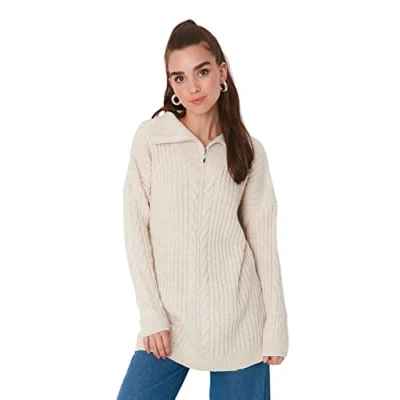 Afbeelding van TRENDYOL Womens Modest Regular Fit Tuniek Hoogsluitende Kraag Tricot Bescheiden Trui, steen, S