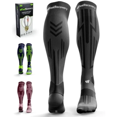 Afbeelding van 2 Sport Compressiesokken Damen &amp; Heren Kuit Compressie Hulzen Hardlopen, Crossfit, Spataderen Sokken Atletiek Herstel Lange Ademend Merino Wol (Zwart, M)