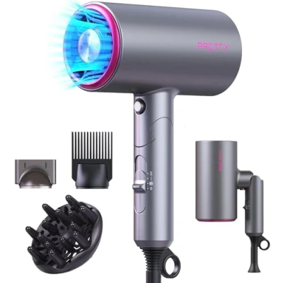 Afbeelding van Pretfy Professionele ionische haardroger, 2000 W, opvouwbare reishaardroger, haardroger met 3 warmtestanden/2 snelheden/koeling, diffuser, borstel, opzetstuk (zilverkleurig)