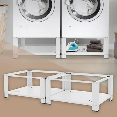 Afbeelding van Set van 2 Wasmachine Onderbouw met Uittrekbare Planken Wit Staal ML Design