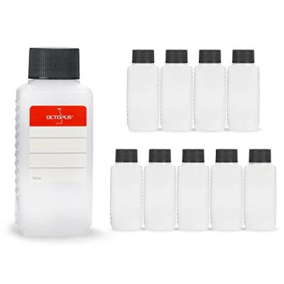 Afbeelding van Octopus 10 x 100 ml kunststof flessen, HDPE plastic flessen met zwarte schroefdoppen, lege vierkante incl. etiketten