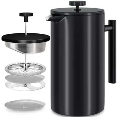 Afbeelding van KICHLY Roestvrij staal FRENCH PRESS/Franse Pers Koffiezetapparaat 34oz (1.0 Liter) met 3 Niveau Filtersysteem Dubbelwandige Geïsoleerde Cafetière 1 Extra Filter (Zwart)