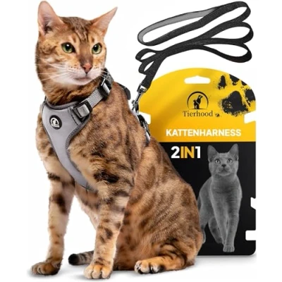 Afbeelding van Tierhood Kattentuigje, hoeft niet over het hoofd te worden gedaan, inclusief Lijn voor kleine katten harnas met riem kat (Grijs, M (28 33 cm) (37 46 cm))