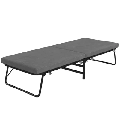 Afbeelding van HOMCOM Opklapbed 70 x 190 cm, logeerbed, inklapbaar met 7 cm schuimmatras, verstelbaar hoofdeinde, reisbed wieltjes, linnenlook, metalen frame voor kantoor, logeerkamer, donkergrijs