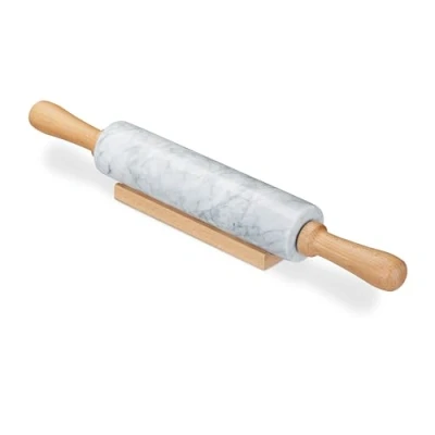 Afbeelding van Relaxdays deegroller marmer rolstok houten handvatten roller deeg fondantroller wit