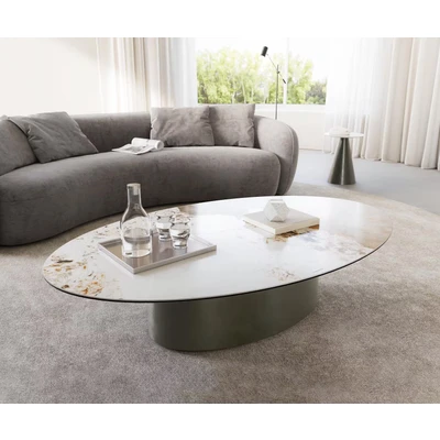 Afbeelding van DELIFE Salontafel Casilda 150x90 cm keramiek Minas Melange wit beige middenpoot titaniumeffect