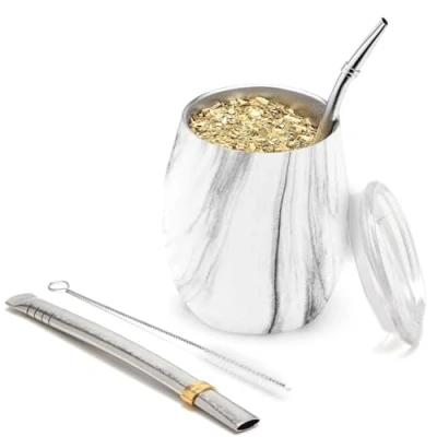Afbeelding van ModerneYerba Mate Kalebas Set (Mate Cup) Dubbelwandig 18/8 roestvrij staal Inclusief twee bombilla&#039;s en een schoonmaakborstel (MARMEREN, 235 ml)&#039; specified cannot be used as it conflicts with the value &#039;BALIBETOV Nieuw Moder