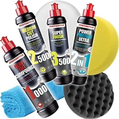 Afbeelding van Detailmate Menzerna Autopolijstset, 250 ml, autopolijstmiddel Super Heavy Cut 1000 + Medium 2500 Finish 3500 2 in 1 Power Protect Ultra &amp; Wax 3 x pad microvezel