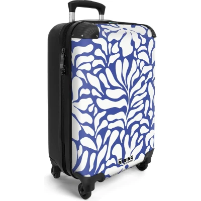 Afbeelding van NoBoringSuitcases.com® Handbagage koffer lichtgewicht Reiskoffer trolley Blauw met witte bloemen Rolkoffer wieltjes Past binnen 55x40x20 en 55x35x25