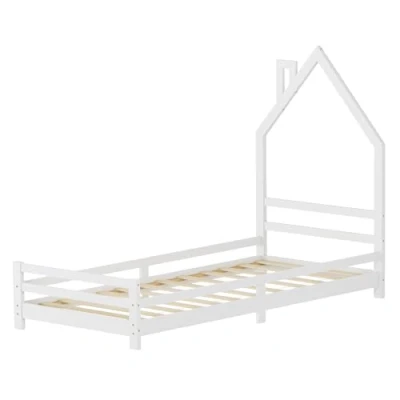 Afbeelding van kinderbed huis 90x200 cm Wit Houten bed met lattenbodem Schoorsteenontwerp ML Design
