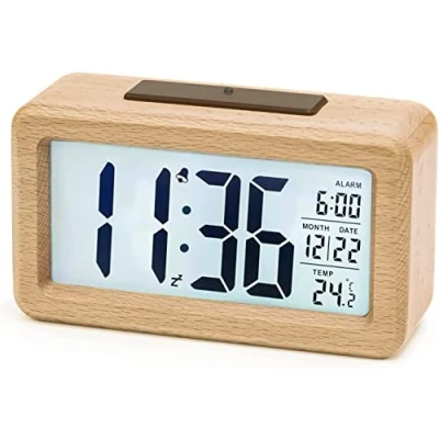 Afbeelding van aboveClock Digitale wekker, hout, met grote temperatuurweergave, tafelklok snooze, datum, helderheid regelbaar voor nachtkastje en kantoor, 3 AAA batterijen vereist