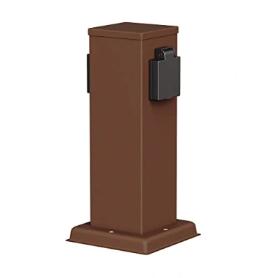 Afbeelding van ledscom.de Tuincontactdooszuil POLLY voor buiten, IP44, 2 voudig, roestvrij staal, kunststof, bruin, hoekig, 27 cm, buitenstopcontact, tuincontactdoos, stekkerdoos, stroomzuil