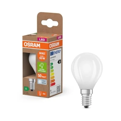 Afbeelding van OSRAM energieklasse mini bouclassic, 3,8 W/806 lm, EEK A, koud wit licht (4000 K), CRI 80, loodvrij matglas, E14 fitting, IP20, 45 mm DM, 6 stuks
