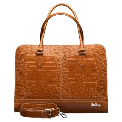 Afbeelding van Su.B Laptoptas 15 6 inch Handtassen Dames Kroco Print Leer Schoudertas met Laptopvak Bruin