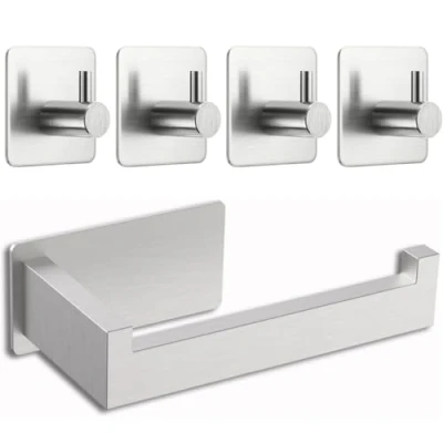 Afbeelding van toiletpapierhouder zonder boren, zelfklevende toiletpapierrolhouder van roestvrij staal, met 4 stuks handdoekhaken, voor badkamer en keuken (zilver)