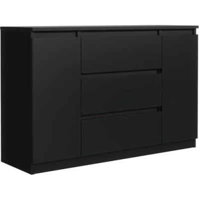 Afbeelding van Ladekast Zwart Mat met 3 laden en 2 deuren 120 cm, Commode dressoir Woonkamer Slaapkamer Kantoor H : 78,2 B 120,4 D 39 cm Modern Design Gelamineerd Bord
