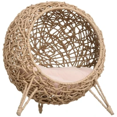 Afbeelding van PawHut kattenbed, verhoogd gezellig, kattenhok, groot comfort, afmetingen: Ø 52 x 58 cm, zacht kussen, incl. polyrotan, beige