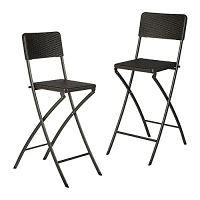 Afbeelding van Relaxdays barstoelen met rugleuning BASTIAN 2 stuks, rotan design, inklapbaar, barkruk opvouwbaar, 78 cm hoog, zwart