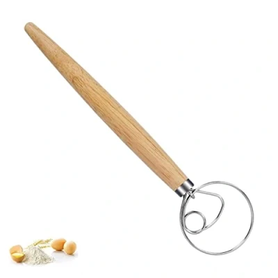 Afbeelding van Deens deeggarde, roestvrij staal, Nederlands deeg, garde, houten handvat, mixer, broodbezem voor brooddeeg, gebak of pizzadeeg