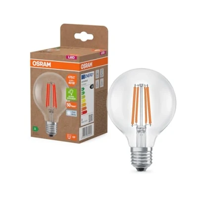 Afbeelding van Osram LED lamp in classic globe shape, with decorative filament, energy efficiency class A, E27, 5 W, 1055 lm, 4000 K, cool white. 100% light straight away, no warming up. Low flickering