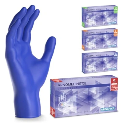 Afbeelding van ARNOMED wegwerphandschoenen donkerblauw, nitril handschoenen S, met 100 stuks per doos, poedervrij. Latexvrije rubber handschoenen, verkrijgbaar in M, L &amp; XL