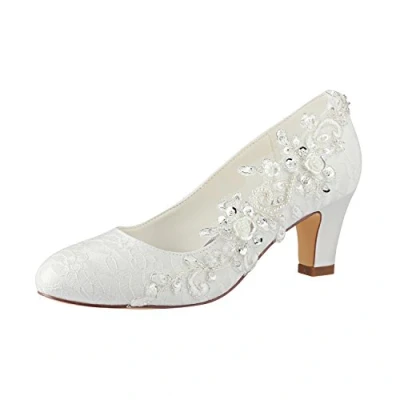 Afbeelding van Emily Bridal Bruidsschoenen Voor Dames, Zijde Zoals Satijn, Hakschoenen met Steek, Kant, Bloem, Kristal, Parel 39EU