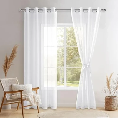 Afbeelding van DWCN Sheer Voile gordijn, transparant, gordijn met ingestanste ringen, 2 stuks, ogen, voor woonkamer, babykamer, slaapkamer, wit, 210 x 132 cm (h b)