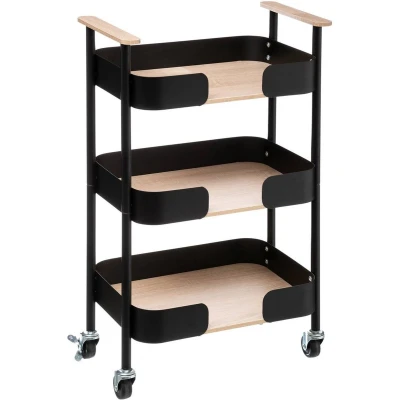 Afbeelding van 5Five Keukentrolley/kast zwart metaal/hout 75 x 46 29 cm 3 niveaus Blackwood Opberg trolley