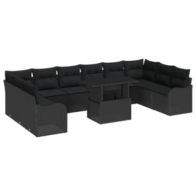 Afbeelding van vidaXL 11 delige tuinbankset met kussens zwart poly rattan