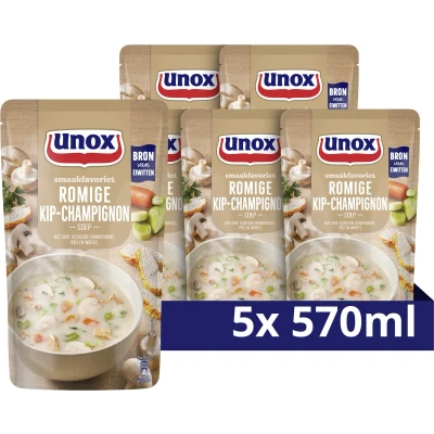 Afbeelding van Unox Smaakfavoriet Soep In Zak Romige kip Champignon met duurzaam verbouwde groenten en malse stukjes 5 x 570 ml
