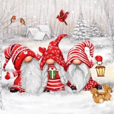 Afbeelding van 20 servetten Kerstmis Drie grappige kabouters als tafeldecoratie. Papieren met motief voor winter kabouter dwerg tom. Ook decoupage en techniek 33x33cm