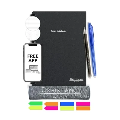 Afbeelding van Drieklank herbruikbaar notitieboekje, schrijfblokplanner, zwart, DIN A5, focuslijnen en puntraster, met iOS/Android app cloud, herbeschrijfbaar, pen, zelfklevende notities microvezeldoek