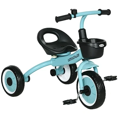 Afbeelding van AIYAPLAY driewieler, kinderfiets met verstelbare zitting, loopfiets fietsmand, bel, pedalen, voor kinderen van 2 5 jaar, metaal, blauw