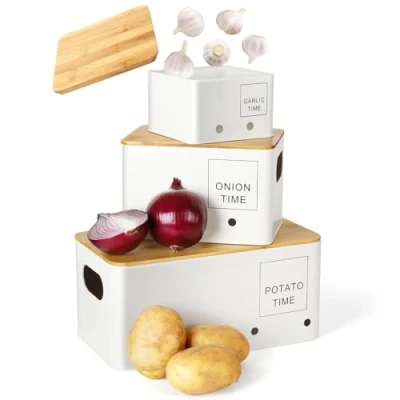 Afbeelding van Lannvan Aardappelopbergdoos [3 delige set] bewaren van aardappelen, uien en knoflook met ventilatiegaten, houdt groenten langer vers, aardappelpot, uienpot knoflookpot, wit