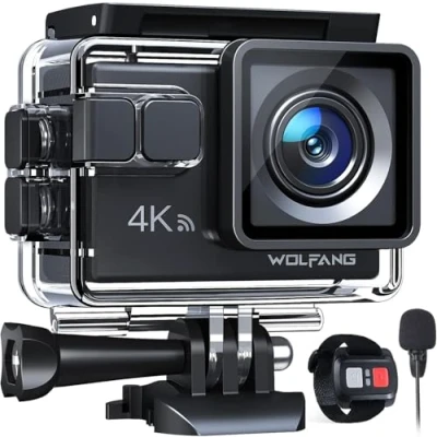 Afbeelding van WOLFANG Action Cam GA100 4K 30FPS, 20MP WiFi PC Camera, Fotocamera per Casco, Subacquea 40M Impermeabile Videocamera, EIS, Telecomando2.4G, Mic Esterno,2x1050mAh Batterie e Accessori di Montaggio