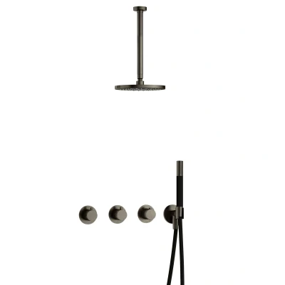 Afbeelding van Hotbath Cobber Regendoucheset IBS70 Verouderd ijzer Staaf handdouche 20cm Hoofddouche 30cm Plafondbuis Handouche met wandhouder
