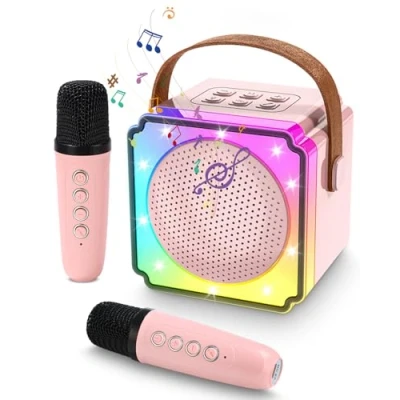 Afbeelding van karaoke machine voor kinderen, met 2 microfoons, draagbare ledlicht en spraakveranderingseffecten, cadeau kinderen van 5 tot 12 jaar, jongens meisjes