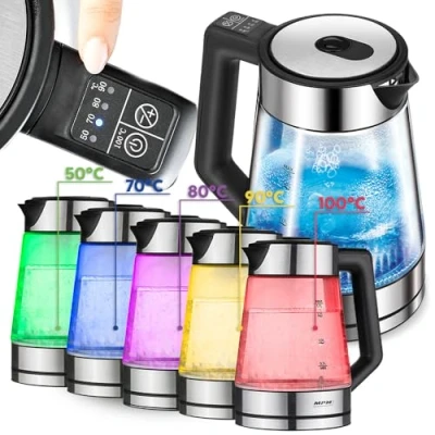 Afbeelding van MPM MCZ 116 Waterkoker met ledverlichting, 2200 W, temperatuurregeling 50 100 C, glas en roestvrijstalen behuizing, warmhoudfunctie