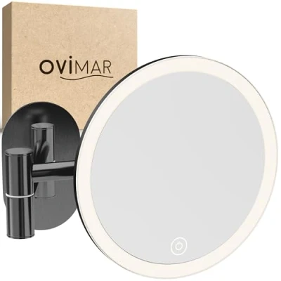 Afbeelding van ovimar Ringstind Gunmetal make upspiegel met verlichting, oplaadbaar, wandmontage zonder boren, in de badkamer, 5 voudige vergrotingsspiegel, licht, 360 graden spiegel