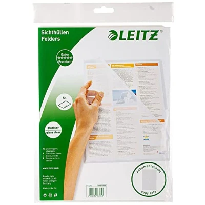 Afbeelding van Leitz Premium zichthoezenset, 5 stuks, A4 formaat, kleurloos met glanzend oppervlak, 0,15 mm pvc hardfolie, documentenecht, 41006003