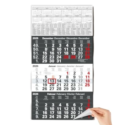 Afbeelding van TOBJA 3 maandenkalender 2025, wandkalender met schuiver, antraciet kalender FSC gecertificeerd, schoolvakanties, feestdagen en jaaroverzicht, groot formaat 56 x 30 cm (gevouwen!)
