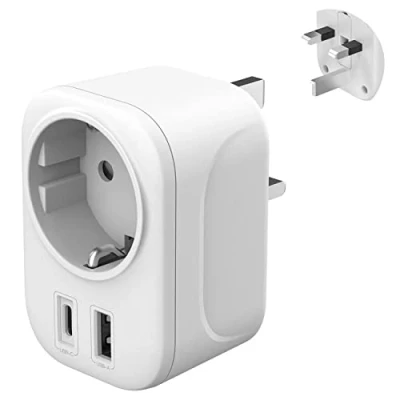 Afbeelding van Reisstekker adapter Engeland Duitsland stekker reisadapter type G stopcontact UK naar DE EU met USB A &amp; C 2,4 stekkeradapter Ierland Malta reizen cadeau gadgets power