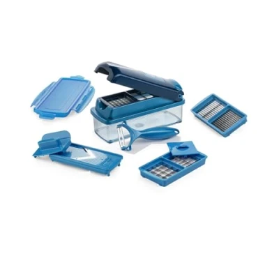 Afbeelding van Genius Nicer Dicer Smart Groentesnijder, 10 delig, groenteschaaf, keukenhulp, multi verkleiner voor raspen, blokjes, slasnijder, fruitsnijder, handmatig, 800 ml, container met deksel, blauw