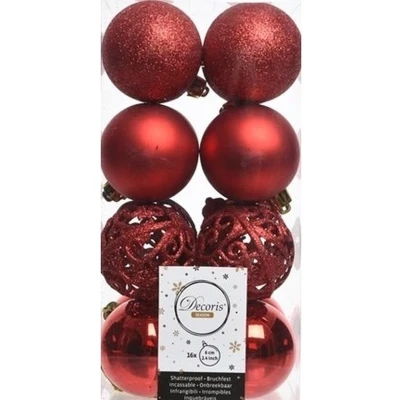Afbeelding van Decoris Kerstballen 16 stuks rood kunststof mix 6 cm