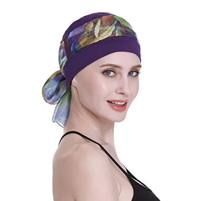Afbeelding van Elegante chemo muts met zijden sjaals voor vrouwen , slaapmutsen haarverlies, Paars, one size