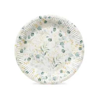 Afbeelding van PAW Papieren Borden Set (8 st.) I Diameter 23 cm Wegwerpborden Ideaal voor Bruiloft, Communie, Feesten, Verjaardag Druk op Waterbasis Feestbenodigdheden Gouden Eucalyptus