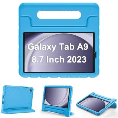 Afbeelding van ProCase Kinderhoes voor Galaxy Tab A9 8,7 inch 2023 (SM X110) met kickstand, stootvast en robuust kinderbeschermhoes, draaibare handgreep, standfunctie, blauw
