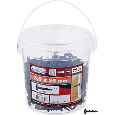 Afbeelding van Connex Gipsplaten schroeven 3,9 x 25 mm 750 stuks met grove schroefdraad trompetkop PH Phillips aandrijving zwart gefosfateerd/gipsplaten schroeven/schroevenemmer / B30076