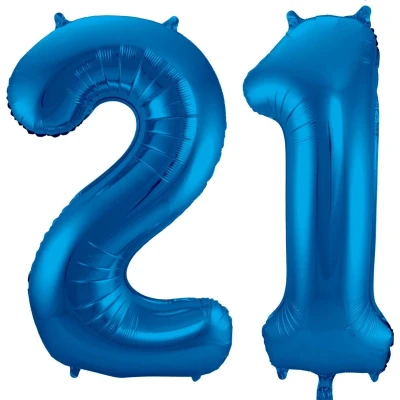 Afbeelding van Ballon Cijfer 21 Jaar Blauw 36Cm Verjaardag Feestversiering Met Rietje